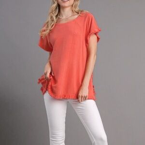 Umgee Hi Low Raw Hem Cotton Coral Short Sleeve Top Size Medium